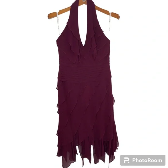Tadashi Shoji | Dresses | Tadashi Shoji Wine Red 0 Silk Tiered Ruffle Halter  Neck Dress Size 8p | Poshmark